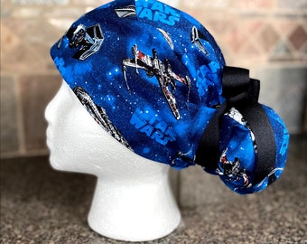 Blue Outer Space wars movie  Surgical Ponytail Scrub Cap Hat adjustable long hair bun cover spaceship surgery womens mens unisex black star