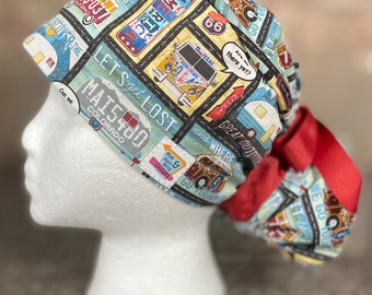 Camper Bus Surgical Ponytail Scrub Cap Hat long hair cover adjustable camping outdoor travel mountains road trip womens mens unisex surgery