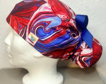 4th of July Surgical Ponytail Scrub Cap Hat Womens adjustable vintage unisex surgery long hair mens euro style America USA Patriotic tie dye