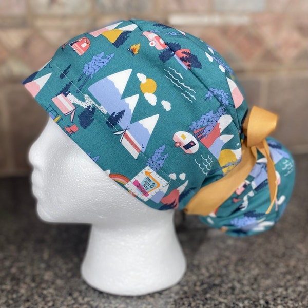 Dark Camping Outdoor Surgical Ponytail Scrub Cap Hat Women's Rainbow Mountains State Park Adjustable camper hiking sunshine natural