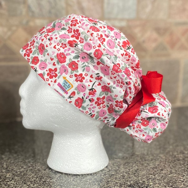 Spring pink red flowers Womens Surgical Ponytail Scrub Cap Hat with  Roses hearts adjustable unisex mens cute pretty valentine