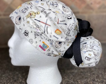 Space Movie Surgical Ponytail Scrub Cap Hat adjustable star wars mens womens unisex laser light vader c3po r2d2 classic long hair bun cover