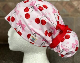 Coquette Bow Surgical Ponytail Scrub Cap Hat Womens Pink adjustable vintage unisex surgery girly long hair bun cover cherry cherries mens