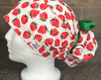 Strawberry Surgical Ponytail Scrub Cap Hat womens mens unisex long hair bun cover  adjustable Strawberries Euro style fruit straberries gift