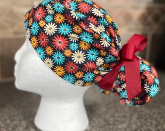 Floral Surgical Ponytail Scrub Cap Hat flowers daisies surgery womens mens unisex adjustable fall autumn summer nurse long hair bun cover