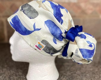 Whale Ocean Surgical Ponytail Scrub Cap Hat mens womens unisex surgeon surgery nurse orca humpback long hair bun cover euro style adjustable