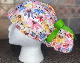 Floral Surgical Ponytail Scrub Cap Hat mens womens unisex adjustable surgery surgeon long hair bun cover euro style nurse flowers gift