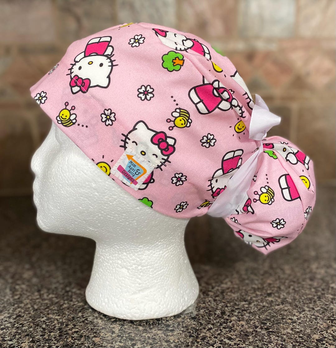 Kitty Surgical Ponytail Scrub Cap Hat Womens Hello Pink Adjustable ...