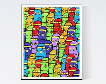 May include: A colorful abstract pattern of many small faces with different colored eyes, mouths, and skin tones. The faces are arranged in a random pattern, creating a visually stimulating and playful design.