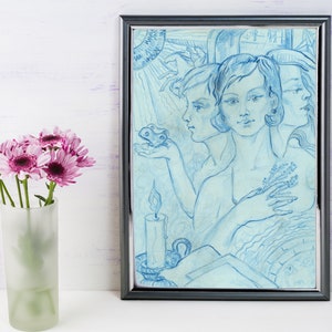 Sketch Art of a Witch Instant Download Pencil Drawing Beautiful Woman Portrait and Profile 3 Faces Digital Wall Print
