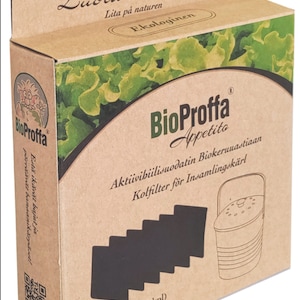 May include: A brown cardboard box with a white hang tag that says "Luota luontoon" and "Lita pa naturen". The box contains 3 sets of black charcoal filters for a compost bin. The box also has a picture of a compost bin and the text "BioProffa Appetito".