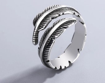 925 Silver Feather Ring Retro Design Natural Gift