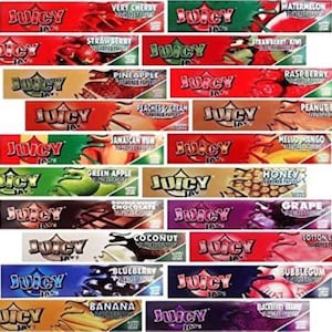 May include: A selection of Juicy Jay's flavoured rolling papers, each pack displaying a different colour and flavour name. Flavours include Very Cherry, Watermelon, and Strawberry, among others.