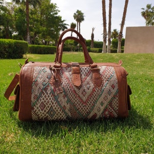 Kilim Travel Bag, Custom Boho Duffel Bag, Genuine Leather Weekender Bag with Carpet, Bohemian Overnight Bag, Unisex Travel Bag