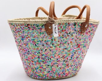 Sequin Straw Bag, Moroccan Handmade Beach Bag with Sequins, Multicolored Basket, Eco-Friendly Sequin Market Bag With Genuine Leather Handles