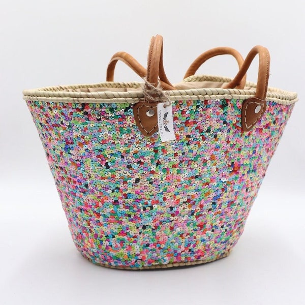 Sequin Straw Bag, Moroccan Handmade Beach Bag with Sequins, Multicolored Basket, Eco-Friendly Sequin Market Bag With Genuine Leather Handles