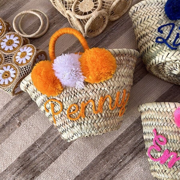 Personalized Straw Bag for Kids, Customized Straw Basket, Handmade Monogram Bag, Easter Baskets for Toddlers, Moroccan Bag with Pompom