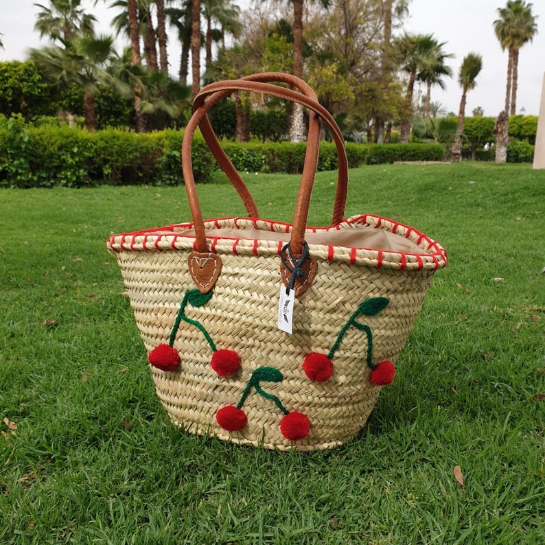 Embroidered Straw Beach Bag With Genuine Leather Handles - Etsy