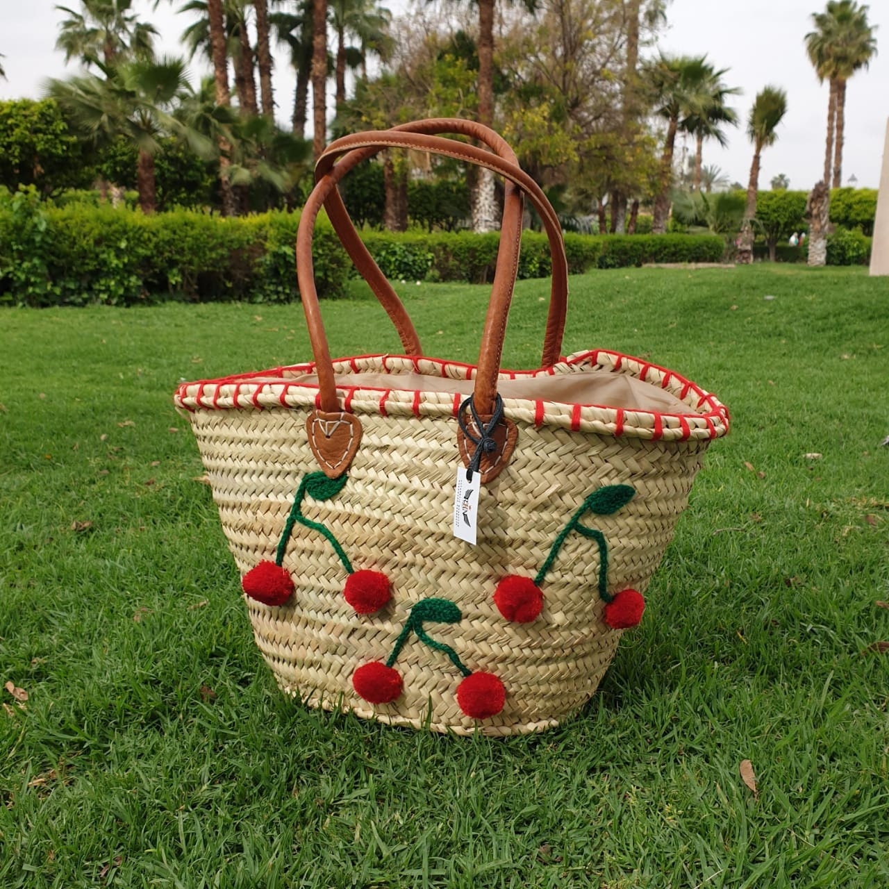 Embroidered Straw Beach Bag With Genuine Leather Handles Etsy