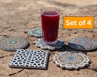 Ceramic Coaster Set of 4, Coasters with Moroccan Pattern, Unique Moroccan Style Ceramic Coasters, Handmade Coasters Set