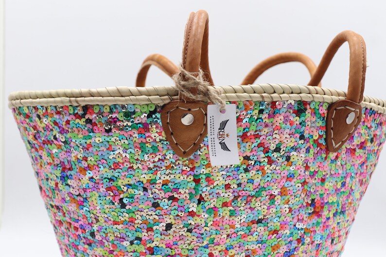 Sequin Straw Bag, Moroccan Handmade Beach Bag With Sequins, Multicolored Basket, Ecofriendly
