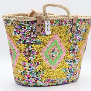 Sequin Straw Bag, Moroccan Handmade Beach Bag with Sequins, Basket with Unique Design, Eco-Friendly Sequin Market Bag With Leather Handles