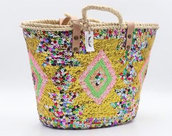 Sequin Straw Bag, Moroccan Handmade Beach Bag with Sequins, Basket with Unique Design, Eco-Friendly Sequin Market Bag With Leather Handles