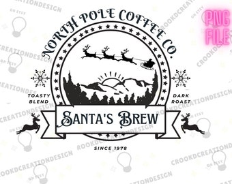 Santa's brew Christmas Coffee PNG Label voor sublimatie en knutselen - schattig ontwerp!