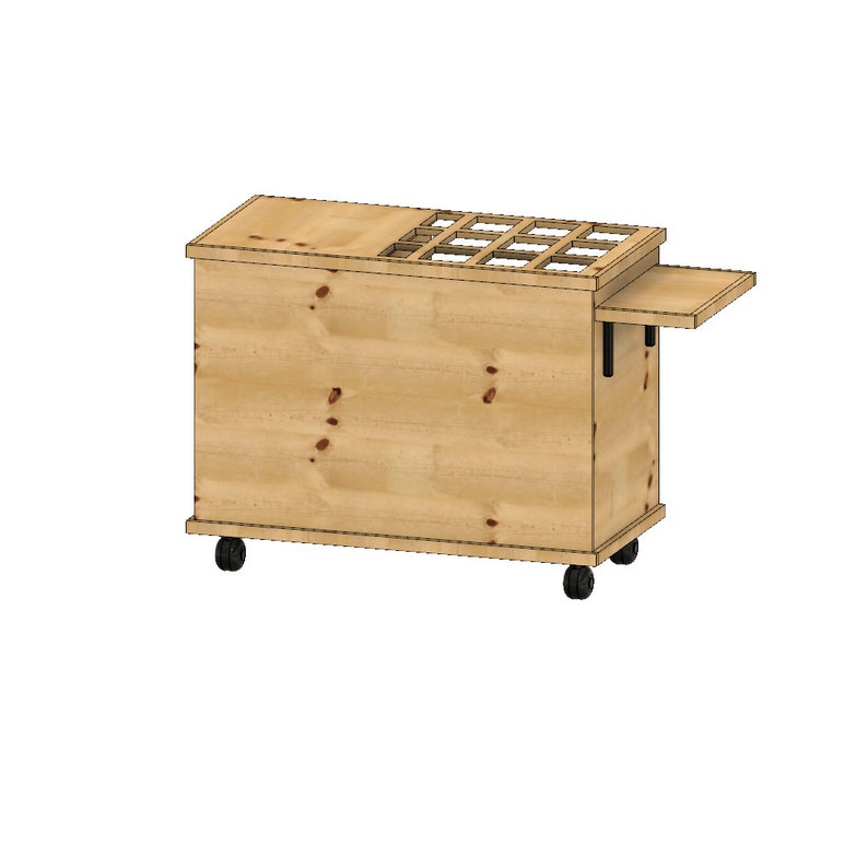 May include: A light-coloured wooden cart with a rectangular shape, featuring a top section with multiple compartments and a side shelf. The cart is mounted on small black wheels for mobility. The wood grain is visible.
