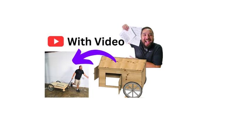 May include: A wooden cart with a roof and a single wheel. The cart is made of plywood and has a small door on the side. A person is pulling the cart with a rope.