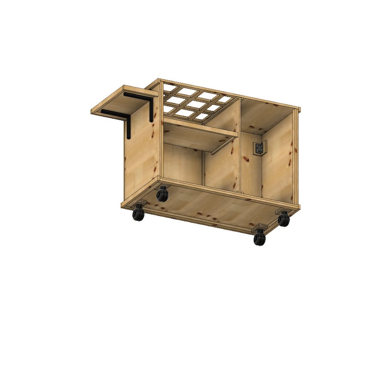 May include: A light-coloured wooden bar cart with multiple compartments and shelves. The cart has a rectangular shape with a top shelf, a middle shelf, and a lower shelf. It features a built-in bottle rack and is mounted on four black caster wheels.