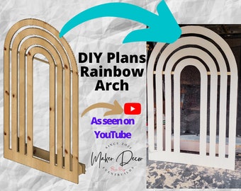 May include: DIY plans for a wooden rainbow arch. The arch is made of light-colored wood and features a layered, arched design. The text "DIY Plans Rainbow Arch" is displayed, along with "As seen on YouTube."