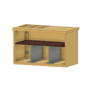 Peut inclure: Une armoire en bois avec une finition brun clair. L'armoire a une &eacute;tag&egrave;re et trois compartiments ouverts. L'&eacute;tag&egrave;re est en bois brun fonc&eacute;. L'armoire a un dessus avec six d&eacute;coupes rectangulaires.