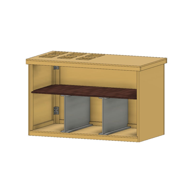 Peut inclure: Une armoire en bois avec une finition brun clair. L'armoire a une &eacute;tag&egrave;re et trois compartiments ouverts. L'&eacute;tag&egrave;re est en bois brun fonc&eacute;. L'armoire a un dessus avec six d&eacute;coupes rectangulaires.