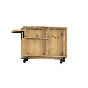 May include: A light-coloured wooden cart with multiple compartments, shelves, and a pull-out section. The cart has black wheels and hinges, and is designed for storage and organisation.
