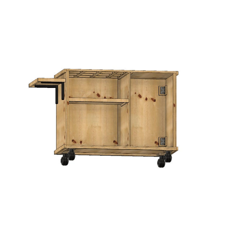 May include: A light-coloured wooden cart with multiple compartments, shelves, and a pull-out section. The cart has black wheels and hinges, and is designed for storage and organisation.