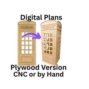 Puede incluir: Planos digitales para una cabina telefónica de madera contrachapada. La imagen muestra un diseño plano de madera y una cabina de madera en 3D. El texto incluye "Digital Plans" y "Plywood Version CNC or by Hand".