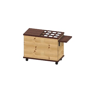 May include: A wooden rolling cart with a light brown body and a dark brown top and side extension. The top features multiple rectangular cutouts. The cart has small black wheels for mobility. The design is simple and functional.