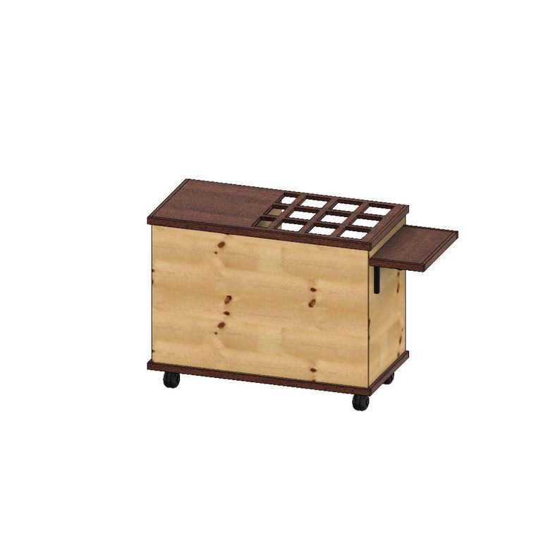 May include: A wooden rolling cart with a light brown body and a dark brown top and side extension. The top features multiple rectangular cutouts. The cart has small black wheels for mobility. The design is simple and functional.