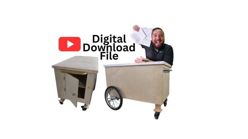 May include: Two wooden carts with wheels, one with a closed cabinet door and shelves, the other with an open top. The carts are made of plywood and have a natural wood finish. The text "Digital Download File" is displayed above the carts.