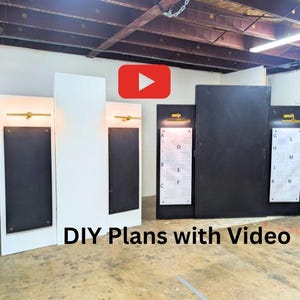 May include: A white room with four white and black panels with gold accents. The panels are mounted on the wall and have a light fixture on top. The text "DIY Plans with Video" is written in black on a white background at the bottom of the image.
