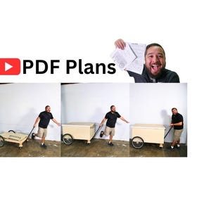 May include: A person pushes a wooden cart with wheels. The cart has a flat top and a handle. The person is wearing a black shirt and jeans. The cart is in a white room. The text "PDF Plans" is visible in the image.