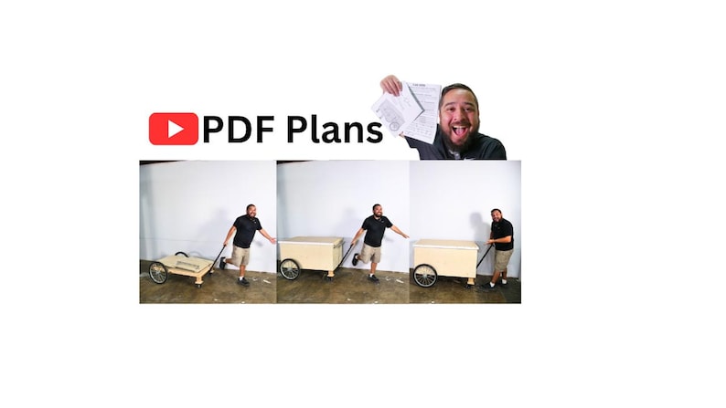 May include: A person pushes a wooden cart with wheels. The cart has a flat top and a handle. The person is wearing a black shirt and jeans. The cart is in a white room. The text "PDF Plans" is visible in the image.