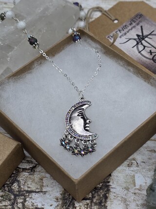 Collana Gotica Bohémien Con Ciondolo Luna E Stella – Gioiello In Lega Di Zinco E Cristallo – Regalo Donna Per Natale E Compleanno