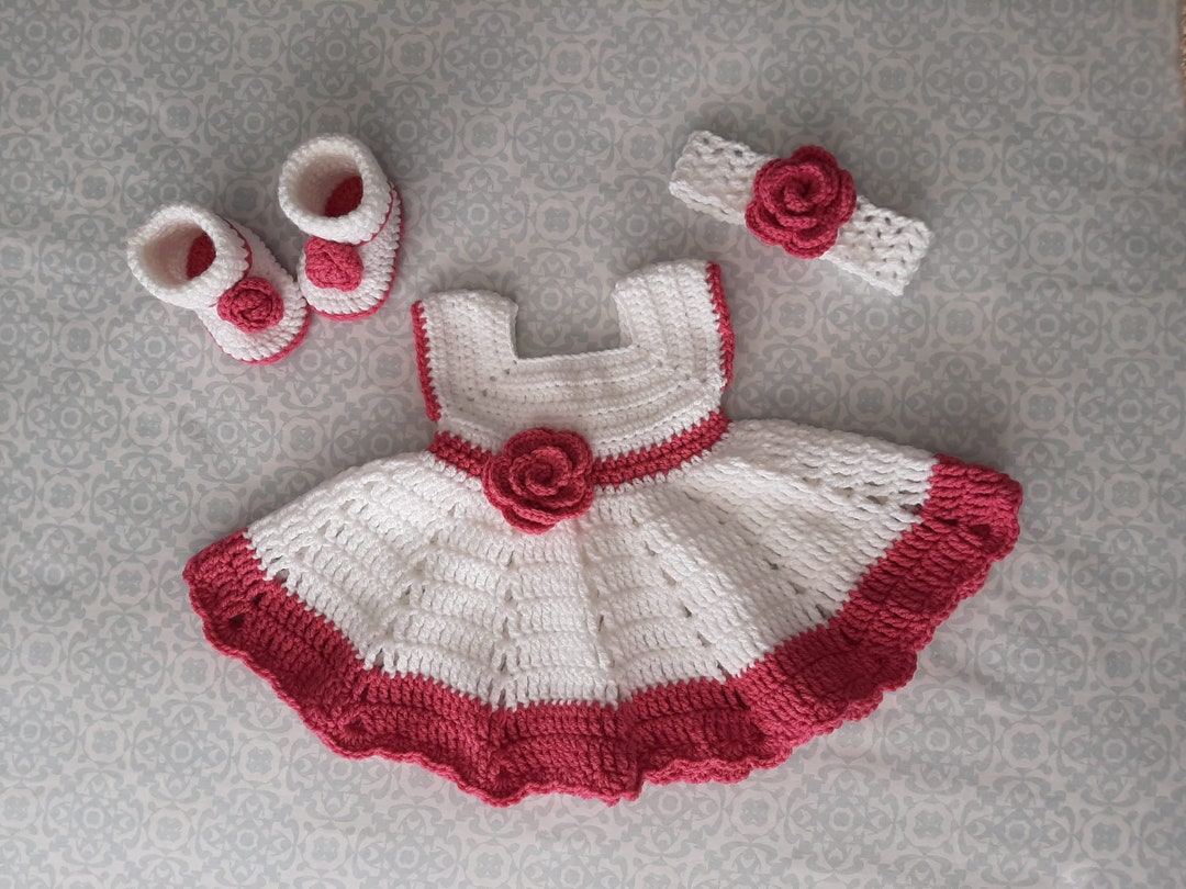 Pink and White Baby Dress Set With Flower Embellishments, a Matching
