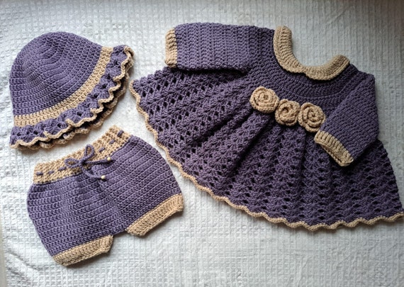 Pale Purple and Beige Crochet Dress Set With Matching Shorts and Bucket Hat  for Baby Toddler Age 9-12 Months 