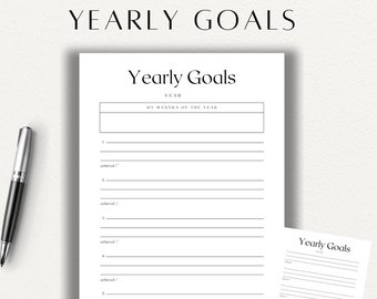 May include: A printable yearly goals planner with a black and white design. The planner has a section for the year, a mantra of the year, and space to list five goals with a section to mark if the goal was achieved.