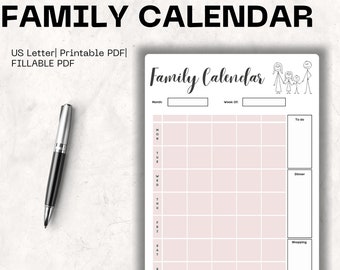 Puede incluir: Un calendario familiar imprimible en tamaño carta de EE. UU. El calendario tiene un fondo rosa con una cuadrícula para cada día de la semana. Hay secciones para "Tareas", "Cena" y "Compras".