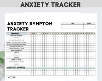 May include: A printable anxiety symptom tracker with a grid for tracking symptoms for each day of the month. The tracker includes a list of common anxiety symptoms such as persistent worrying, overthinking, difficulty concentrating, and trouble sleeping. The tracker also includes a section for additional symptoms and notes.