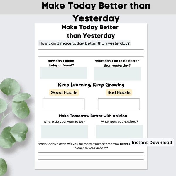 Make Today Better than Yesterday|Printable Planner|Self Growth|Self Love|Goal Getter|Mental Health|Motivation